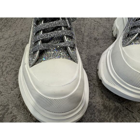 Alexander McQueen Tread Slick Lace Up Holo Silver Glitter Sneakers EU 38 - Picture 3 of 11